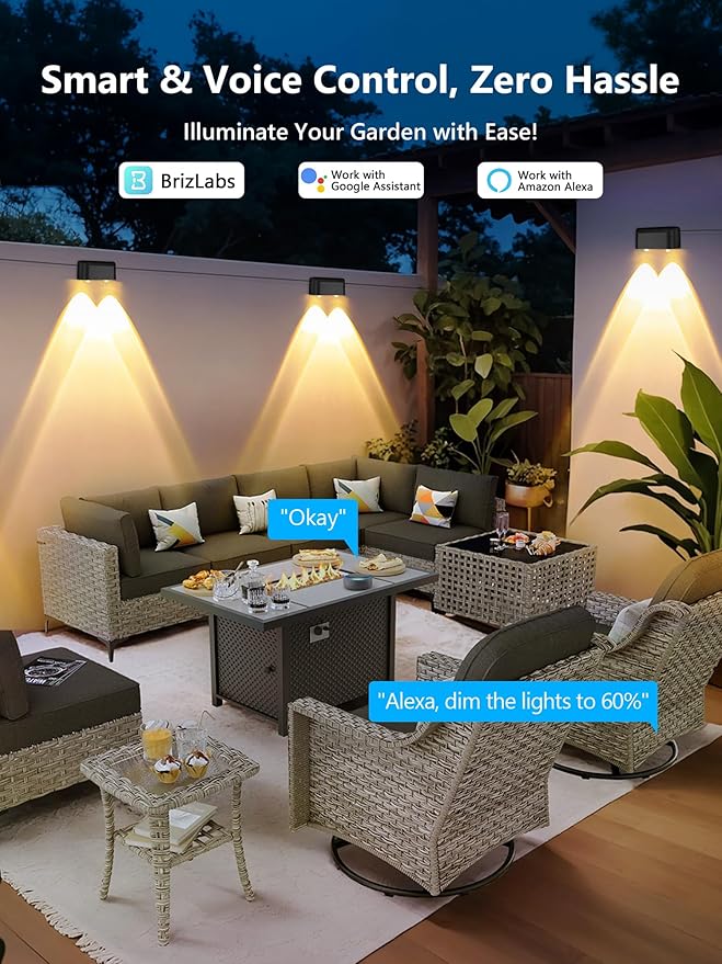 BrizLabs Smart Deck Lights, 6 Lamps RGBCW Outdoor Fence Lights Work with Alexa & Google Home, IP65 LED Patio Deck Lighting APP Controlled, Purple Orange Fence Lighting Music Sync for Patio Yard Garden