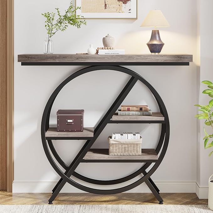 Tribesigns 40-Inch Console Table, 4-Tier Entryway Table with Storage Shelves, Industrial Hallway Sofa Table with Geometric Metal Frame, Accent Table for Living Room, Entryway (Gray)