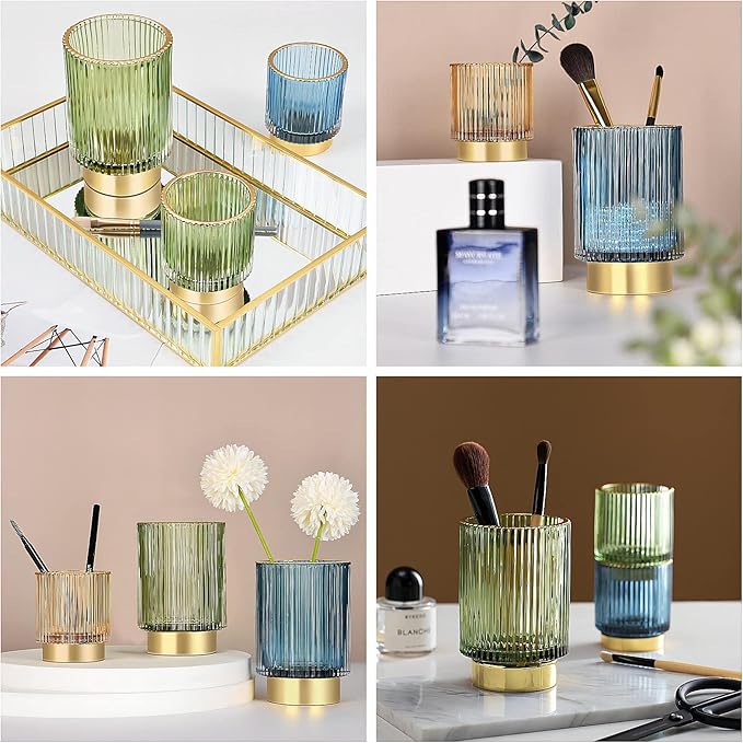 DASITON Makeup Brush holder Organizer,Crystal Cosmetic Makeup Brush Glass Brushes Storage Holder, Vintage Make Up Brush Cup Pen Pencil Holder striped vase(Coffee L)