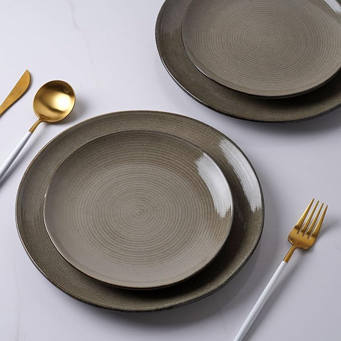 famiware Tempus Plates and Bowls Sets for 8, 24 Pieces Stoneware Dinnerware Sets, Dishes Set, Reactive Glaze Dishware Sets, Dishwasher & Microwave Safe - Dark Olive