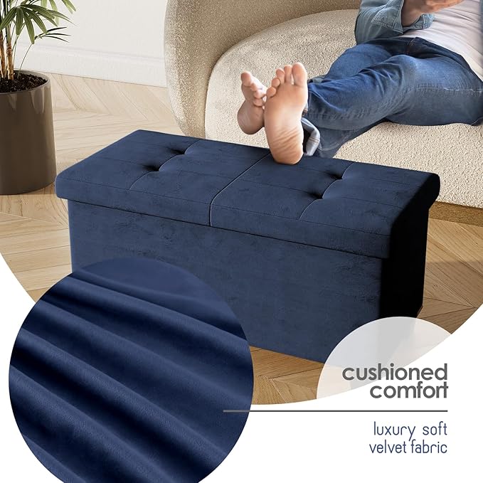 STORAGEBUD Storage Ottoman Bench with Bins, 30-in Storage Bench for Bedroom End of Bed, Folding Foot Rest Ottoman for Living Room Max 660lbs, Velvet Ottomans, Blue