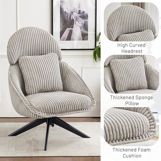 Furniliving Modern Living Room Chair, Swivel Accent Chair for Living Room Desk Chair with Arms Bedroom Chair with Headrest Sofa Chair Side Chair with Pillow Armchair,Corduroy, Grey