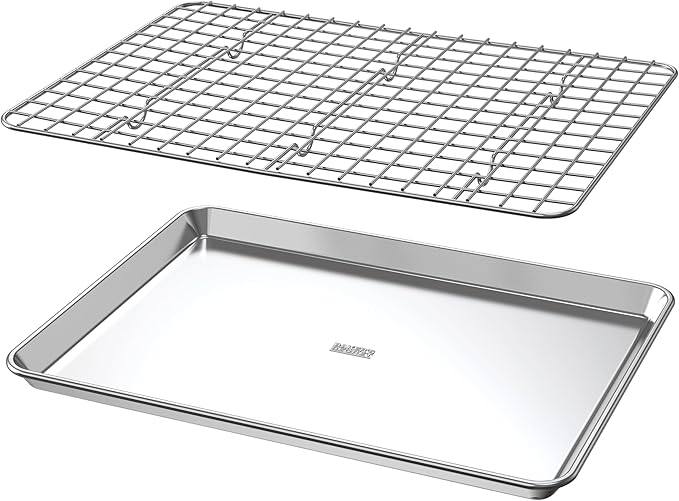 Baker's Secret Non Toxic Baking Trays for Oven, PTFE, PFAS, PFOA Free, 100% Recycled Aluminum, Bakeware Set Cookie Sheet 18" with Stainless Steel Rack Never Rust - The Natural Aluminum Collection