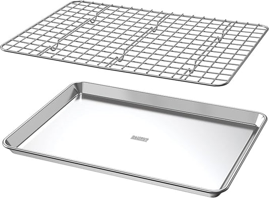 Baker's Secret Non Toxic Baking Trays for Oven, PTFE, PFAS, PFOA Free, 100% Recycled Aluminum, Bakeware Set Cookie Sheet 18" with Stainless Steel Rack Never Rust - The Natural Aluminum Collection