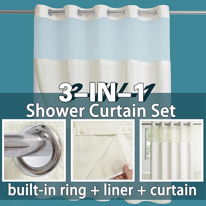 Conbo Mio No Hook Waffle Weave Shower Curtain with Snap in Liner Set, Hotel Luxury Beige Shower Curtains for Bathroom with See Through Top Window, Waterproof, Washable 71W x 74H