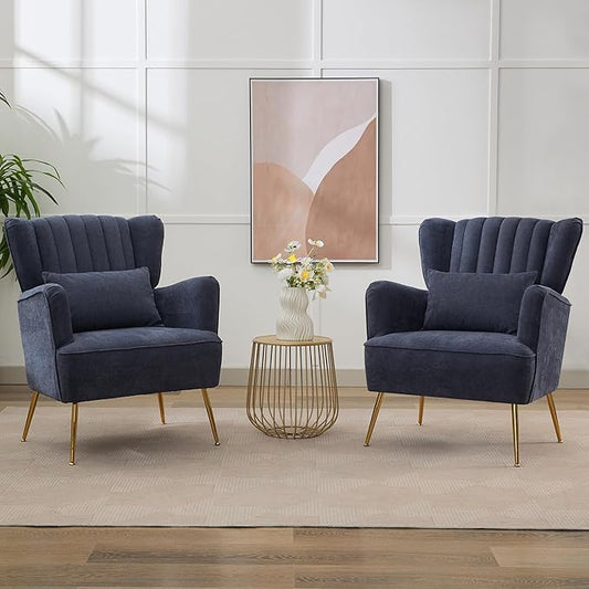 Fabric Accent Living Room Arm Chair Set of 2 Mid Century Modern Chairs with Pillow & Golden Legs, 8.5" Thick Cushion, Upholstered Comfy Sofa Armchair for Reading Room/Bedroom, Navy