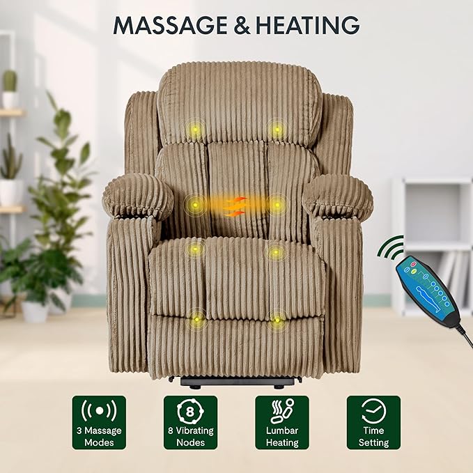 FLEXISPOT XL31 Power Lift Recliner Chair for Elderly, Electric Lift Chair with Massage & Heat, Corduroy Reclining Sofa w/Cup Holders, Side Pockets for Living Room Bedroom(Medium Size,Khaki)
