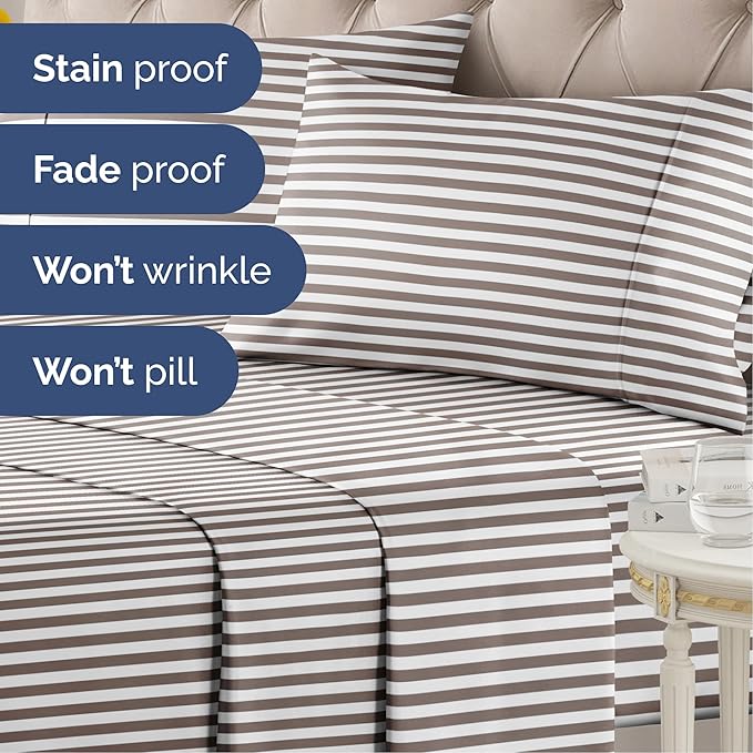 Striped Sheets - Brown Striped Sheets - 1 Flat & 1 Fitted & 1 Pillowcase w/ Deep Pockets – Wrinkle & Fade Resistant - Ultra-Soft, Breathable and Cooling – Luxury Pinstripe Bedding - Twin Size Bed Set