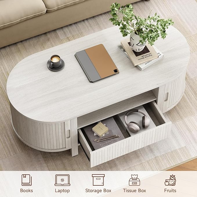 47.2 Inch Oval Coffee Table with Storage, Mid Century Modern Coffee Table with Drawer, Center Table with Sliding Door and Wood Fluted Handle for Living Room, Natural White