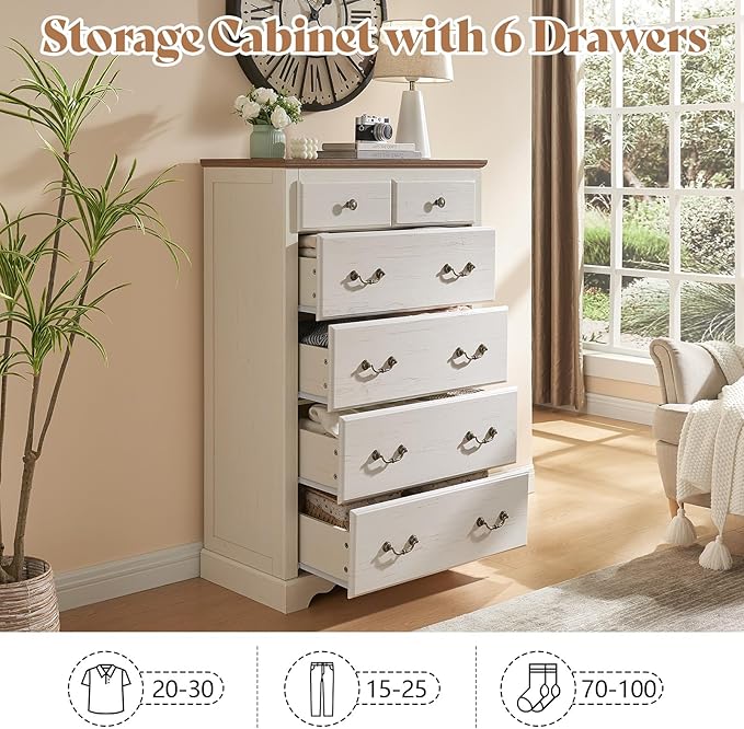 AMERLIFE Farmhouse 6 Drawers Dresser for Bedroom, Wood Antique Chest of Drawers with Metal Handle, Tall Dresser Organizer for Hallway, Entryway, White+Barnwood