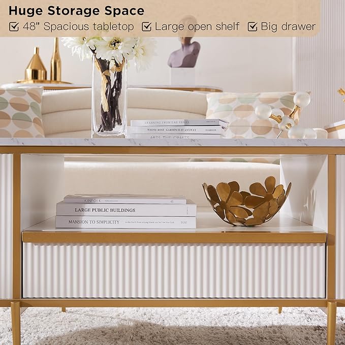 OKD Modern Luxury Fluted Coffee Table, 48" Oval Coffee Table with Drawer, Faux Marble Top, Curved Profile Design, Gold Metal Decor, Center Table for Living Room, Off White