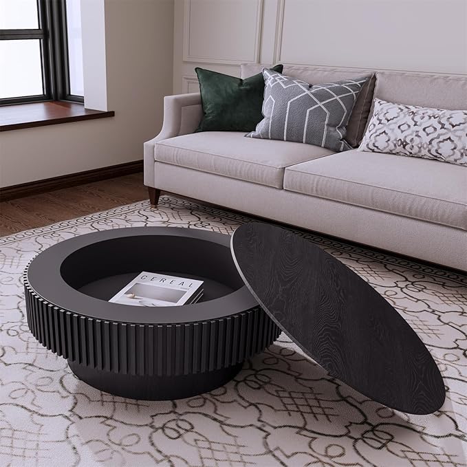 Round Coffee Table for Living Room,Fluted Drum Accent Tea Center Table with Storage,Circle Modern Coffee Tables for Small Space Office Apartment (31.5" L×31.5''W×14''H-Black)