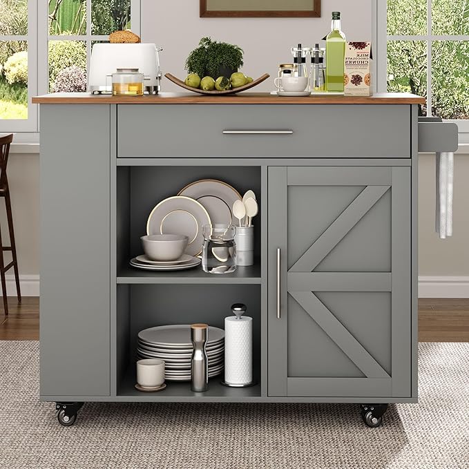 4 EVER WINNER Kitchen Island on Wheels with Storage Cabinet, Kitchen Island Cart with Spice Rack & Towel Rack, Rolling Kitchen Cart with Open Shelves, Portable Island with Drawer, Grey