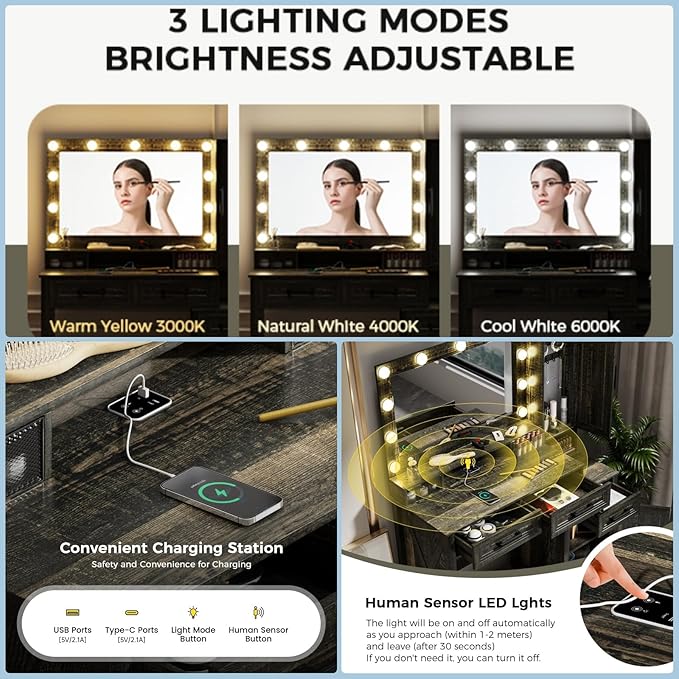 Makeup Vanity, Farmhouse Vanity with Square Mirror & Tricolor Lighting Adjustment, 43'' Fashion Makeup Desk with Two Spacious Drawers, Side Storage Cabinet & Built-in Charging Station, Brown