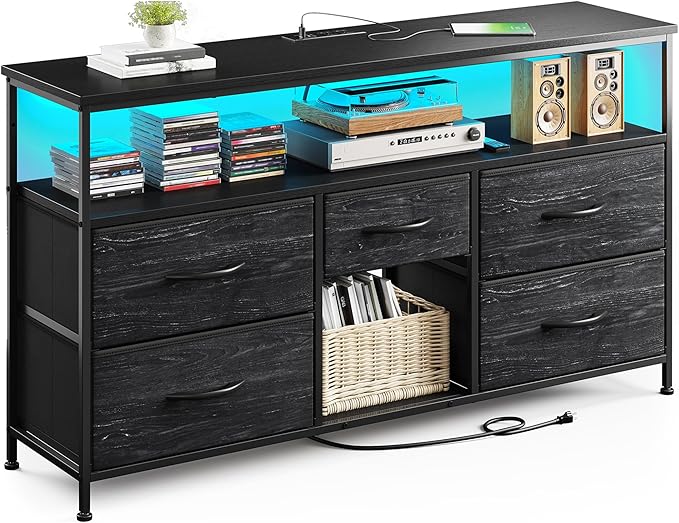 TV Stand Dresser with LED Lights & Power Outlets, Entertainment Center for 50" Inch TV, 5 Drawers TV Stand for Bedroom Dresser with Shelves for Living Room, Sturdy Metal Frame, Black