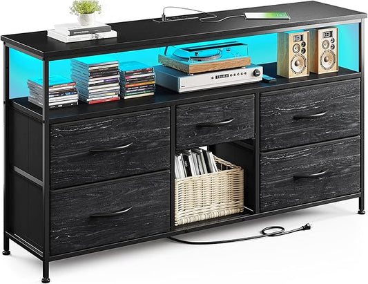 TV Stand Dresser with LED Lights & Power Outlets, Entertainment Center for 50" Inch TV, 5 Drawers TV Stand for Bedroom Dresser with Shelves for Living Room, Sturdy Metal Frame, Black