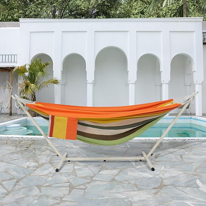 LazyDaze Hammocks Double Hammock with Stand - 2 Person Heavy Duty Outdoor Hammock for Adults, Includes Durable Steel Stand, Portable Carrying Bag and Pillow, Orange Green