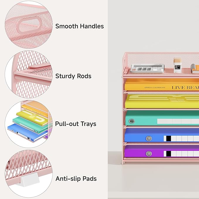 6 Tier Paper Organizer with Handle, Metal Desk Organizer Mesh Paper Letter Tray Desktop File Folder Document Sorter for Classroom, School, Office Accessories Organization and Storage - Pink