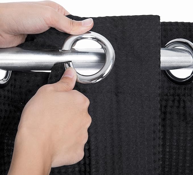 River Dream Stall Waffle Weave Shower Curtain with Snap-in Liner,Cotton Blend,No Hooks Needed Shower Curtain for Bathroom, Shower Curtain with Liner Set,Black,54x80 inches