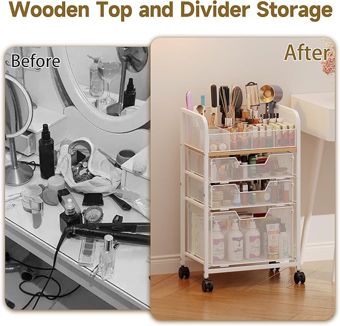 Makeup Cart Organizer with 3 Drawers,Floor Skincare Organizers with Dividers, Vanity Organizer Cosmetics Display Cases Holder for Skin Care Nail Polish Perfume Makeup brush Hair Tool,White