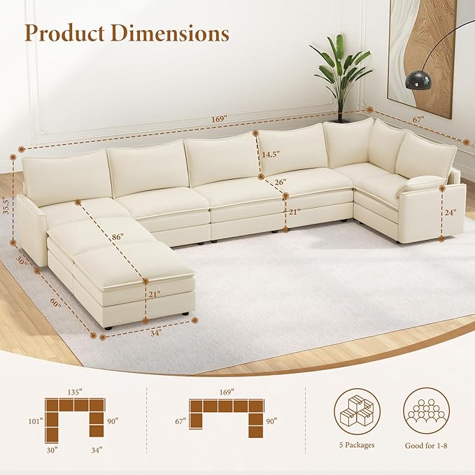 Vesgantti Large Modular Sectional Sofa, Big Comfy Cloud Couch with Ottoman Deep Seat Chenille Cloud Sofa, 8 Seater Large Sectional Couches for Living Room, Bedroom and Apartment, Beige