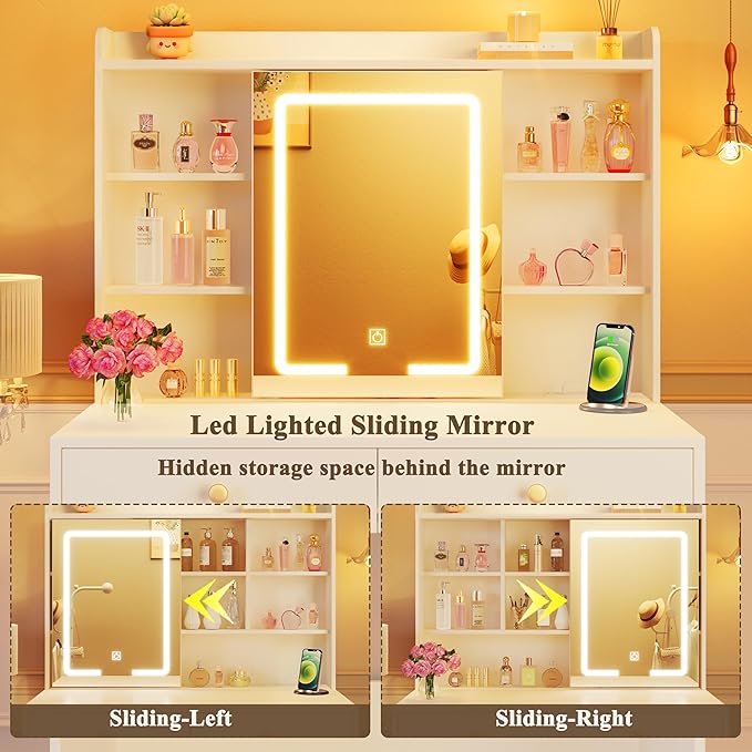 Vanity Desk with Mirror and Lights, 31" Makeup Vanity Desk with Lights 3 Colors, Small Vanity with 2 Storage Drawers & 6 Shelves for Girls Women Bedroom, White