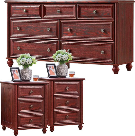 Farmhouse Dressers & Night Stand Set of 3, Wood 54'' Wide Dresser & 18'' Chest of Drawers, Roman Column Nightstand Set of 2, Furniture 7 Drawer Dresser Suites for Bedroom, Living Room, Hallway, Home