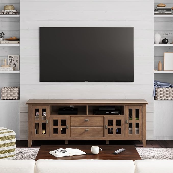 SIMPLIHOME Artisan SOLID WOOD 72 inch Wide Contemporary TV Media Stand in Rustic Natural Aged Brown For TVs up to 80 inches for the Living Room and Entertainment Center