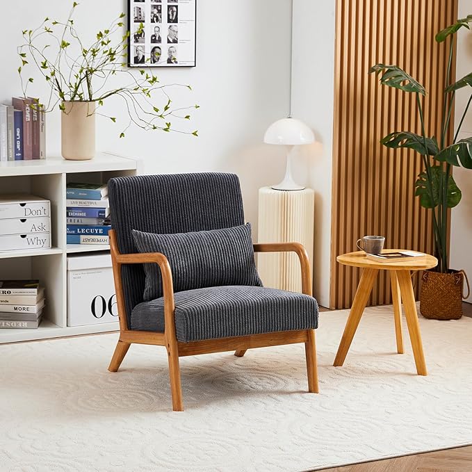 IKIFLY Upholstered Accent Chair Set of 2, Mid Century Modern Living Room Chair with Solid Wood Frame, Reading Arm Chair with Pillow & Lumbar Cushion for Office, Reading Room, Bedroom - Dark Grey