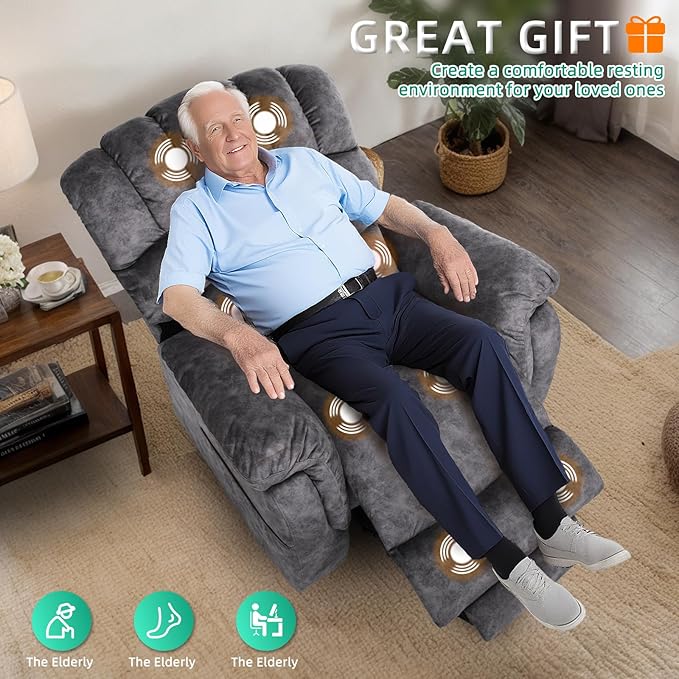 VIVIJASON Tall Man Large Dual Motor Power Lift Recliner Chair with Extended Footrest, Overstuffed Lay Flat Sleeper Electric Recliner W/Heat & Massage, Lumbar Pillow, USB & Type-C Ports, Plush Gray