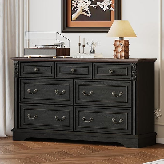 BLANKSPACE Black Dresser for Bedroom, Farmhouse 7 Chest of Drawers, Carved Design Cabinet Organizer with Brown Top
