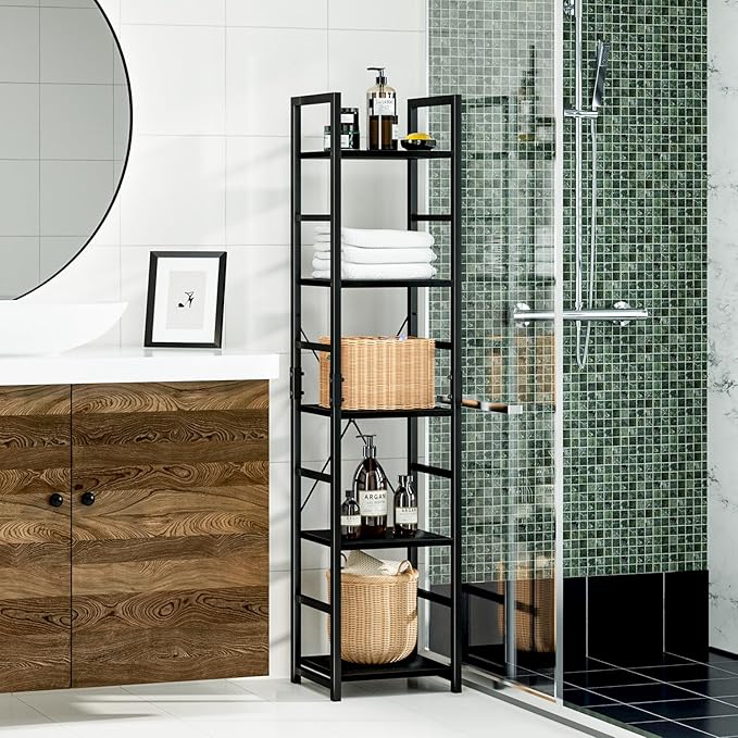 NUMENN 5 Tier Slim Bookshelf, Tall Bookcase Shelf Storage Organizer, Modern Book Shelf for Bedroom, Living Room and Home Office, Black