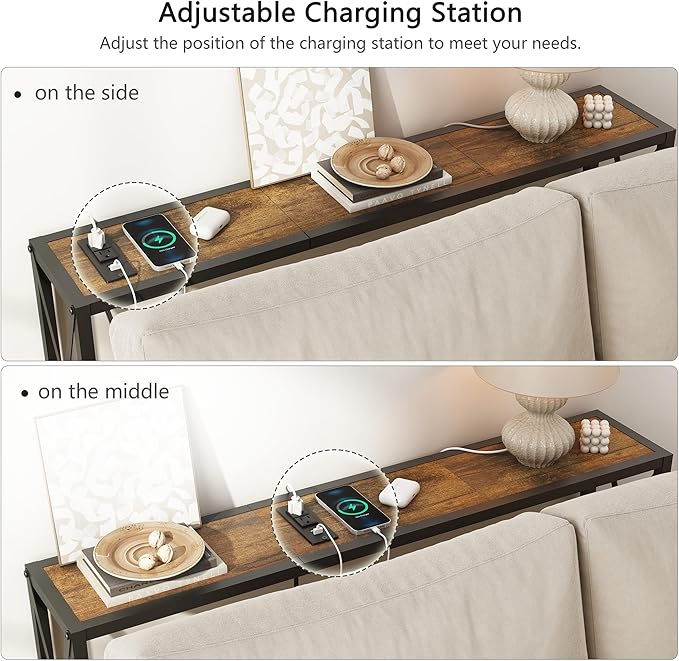 41.8" Console Table, Narrow Behind The Couch Table with Outlet, Industrial Skinny Stand for Hallway, Entryway, Living Room, Bedroom, 6.5 Feet Power Cord,Rustic Brown