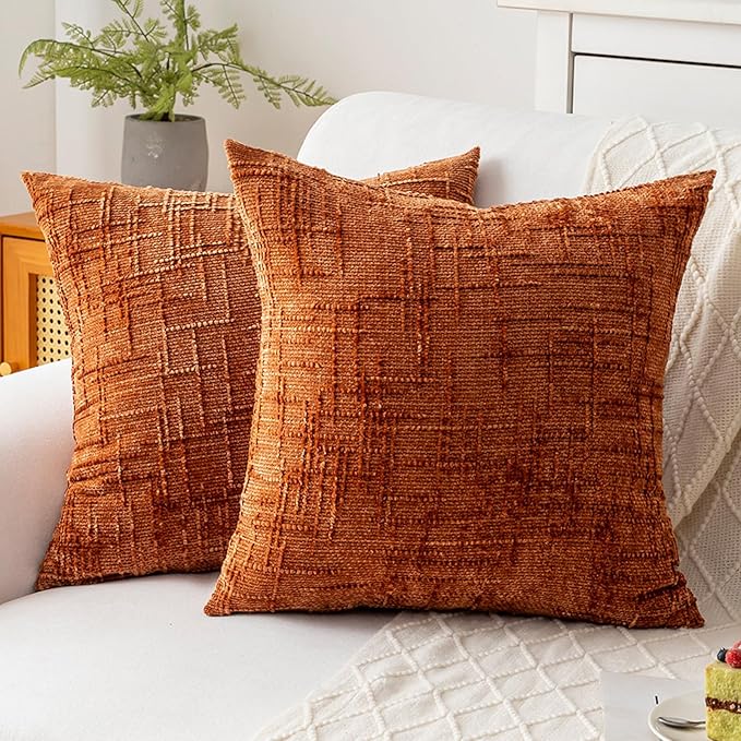 Decorative Throw Pillow Covers 20x20 Inch Set of 2, Soft Solid Farmhouse Chenille Couch Pillows, Spring Pillow Covers for Couch Sofa Bed Living Room Home Decor Pillowcase, Rust