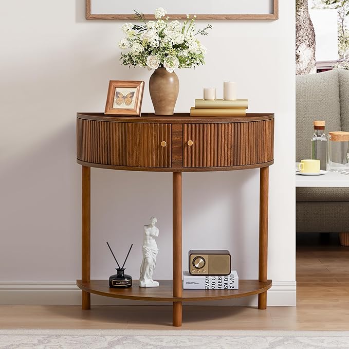 Fluted Half Moon Console Table, Modern Small Entry Sofa Table with Storage, Solid Wood Legs Narrow Entryway Table for Living Room, Hallway, Foyer(Walnut)
