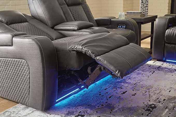 Signature Design by Ashley Fyne-Dyme Contemporary Power Reclining Loveseat with Console, USB Charging Ports and Adjustable Headrest, Gray