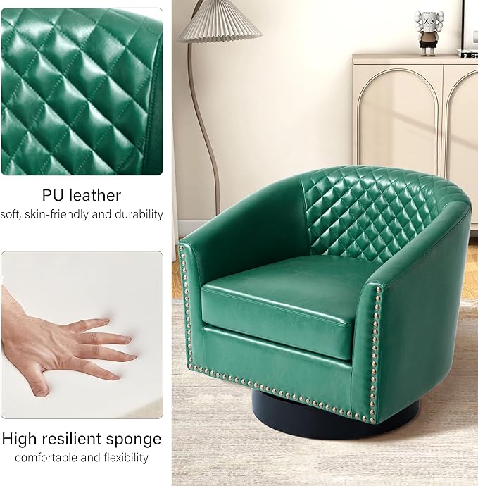 Swivel Barrel Accent Chair, Comfy Modern Upholstered Round Faux Leather Arm Chair for Living Room, Bedroom（Green, Set of 2