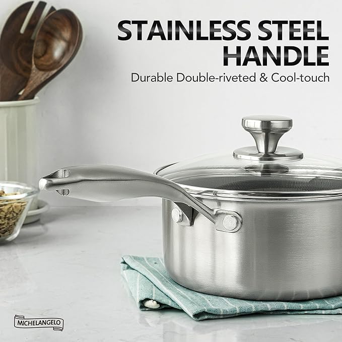 MICHELANGELO 3 Quart Saucepan with Lid, Premium Triple Ply Stainless Steel Sauce Pan with Lid, Sauce Pot with Honeycomb Interior - 3QT