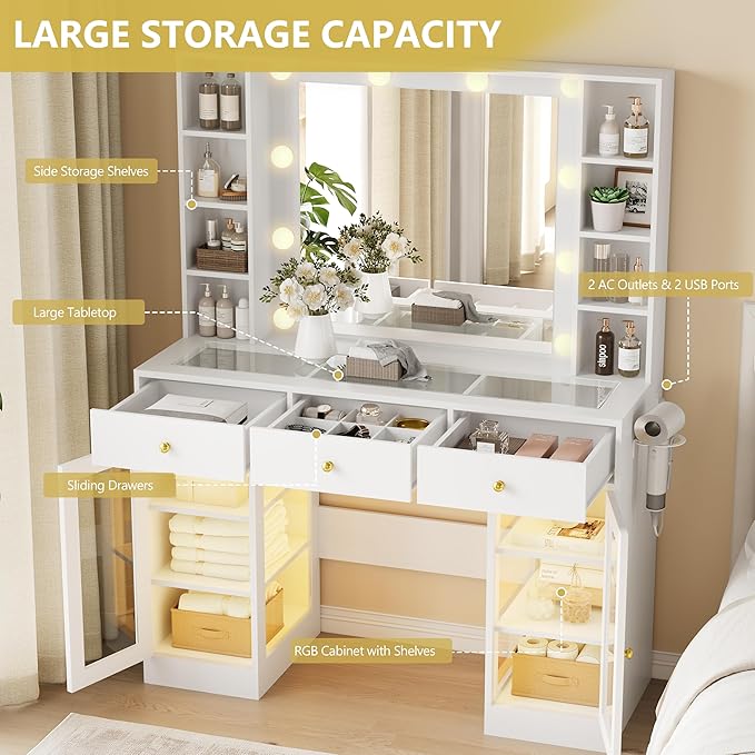 Makeup Vanity Desk with Mirror and Lights, Glass Top Vanity Table Set with Drawers & Power Outlet, Large Dressing Table with 3 Color Lighting Modes & RGB Cabinets for Women Girls Kids Bedroom, White
