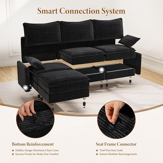 Vesgantti Large Modular Sectional Sofa, Big Comfy Cloud Couch with Ottoman Deep Seat Corduroy Cloud Sofa, 8 Seater Large Sectional Couches for Living Room, Bedroom and Apartment, Black