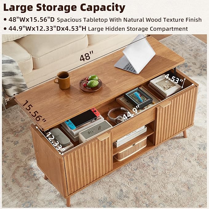 LEYAOYAO 48" Fluted Lift Top Coffee Table with Hidden Storage & Adjustable Shelves, Lifting Tabletop Large Rectangular Coffee Tables, Mid Century Modern Wood Center Table for Living Room, Brown