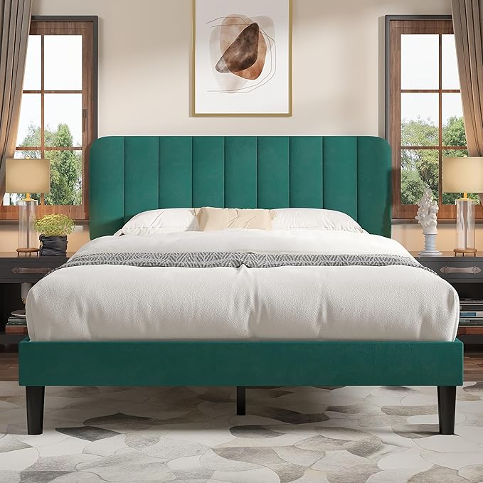 VECELO Full Size Bed Frame with Upholstered Headboard, Velvet Platform Bedframe Mattress Foundation, Strong Wood Slat Support, No Box Spring Needed,Green