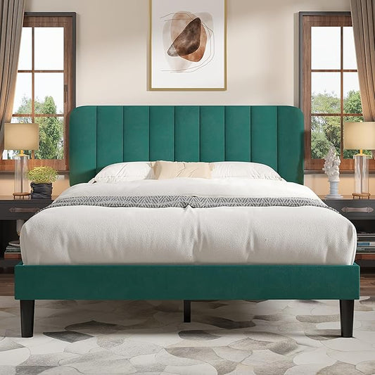 VECELO Full Size Bed Frame with Upholstered Headboard, Velvet Platform Bedframe Mattress Foundation, Strong Wood Slat Support, No Box Spring Needed,Green