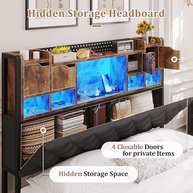 Queen Bed Frame with Storage Headboard, Queen Bed Frame with LED Lights and Charging Station, Padded headboard, No Noise, No Box Spring Needed, Easy Assembly