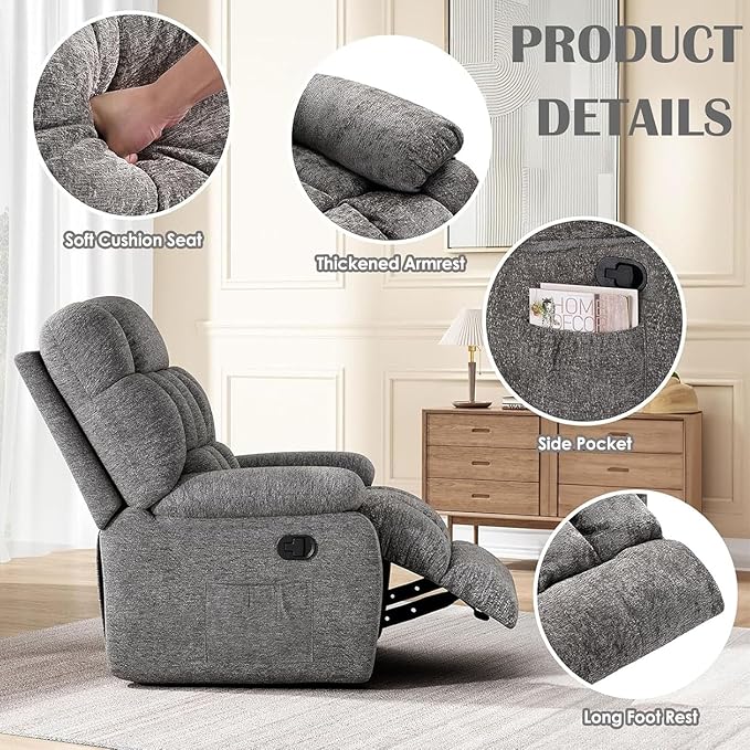 Recliner Chair with Side Pockets, Living Room Power Reclining Lounge Chair for Adults, Small Spaces Comfy Sofa with Theater Seating for Bedroom, Gray