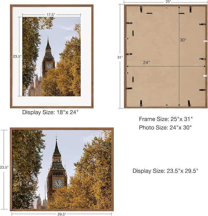 Axeman 24x30 Picture Frame | Solid Oak Wood 24 By 30 Poster Frame With Mat For 18x24 | 24''x30'' Wood Frame | Tempered Glass And Hanging Hardware Included Home Wall Decor Hanging Frame | Walnut