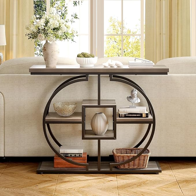 GiftGo Narrow Console Table for Entryway Industrial 4-Tier Sofa Table Behind Couch with Circle Base Rustic Wooden Accent Tables with Storage Shelves for Living Room, Hallway, Foyer (Grey)