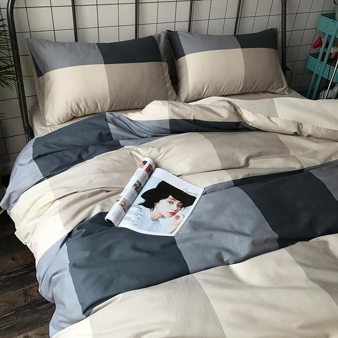 mixinni King Comforter Set Men Boys Geometric Checkered Plaid Printed Bedding Comforter for All Season Soft Lightweight Bedding Set-King Size