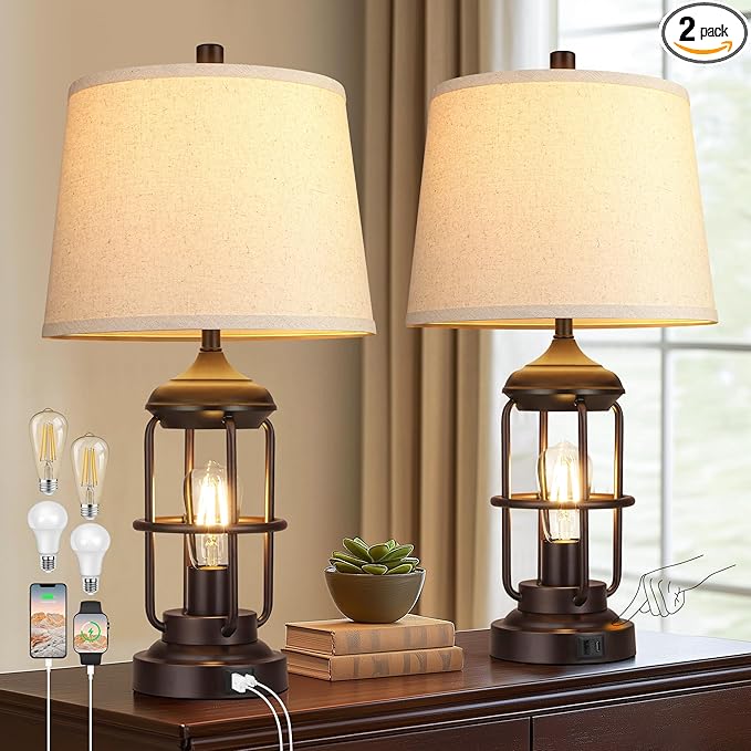 Qimh Table Lamp for Bedroom Set of 2 with USB A+C Ports, Farmhouse Bedside Lamp with Night Light, 3-Way Dimmable Touch Control, Rustic Industrial Nightstand Lamp for Living Room (2700K Bulbs Included)