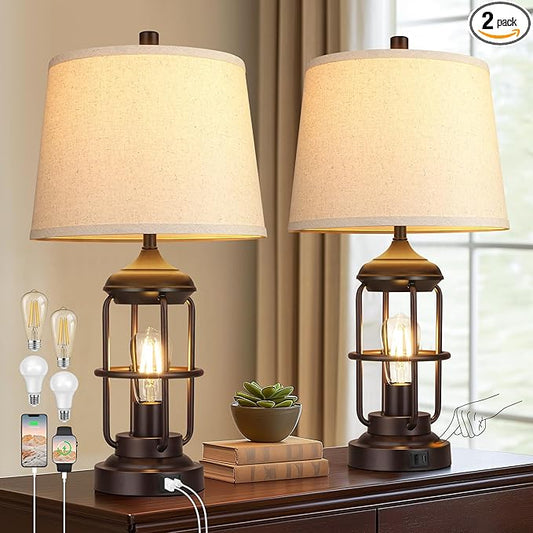 Qimh Table Lamp for Bedroom Set of 2 with USB A+C Ports, Farmhouse Bedside Lamp with Night Light, 3-Way Dimmable Touch Control, Rustic Industrial Nightstand Lamp for Living Room (2700K Bulbs Included)